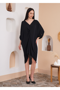 Oversized Twist Front Detailed Button Sleeve Mini Dress in Black Glitter