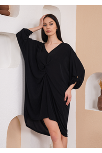 Oversized Twist Front Detailed Button Sleeve Mini Dress in Black Glitter
