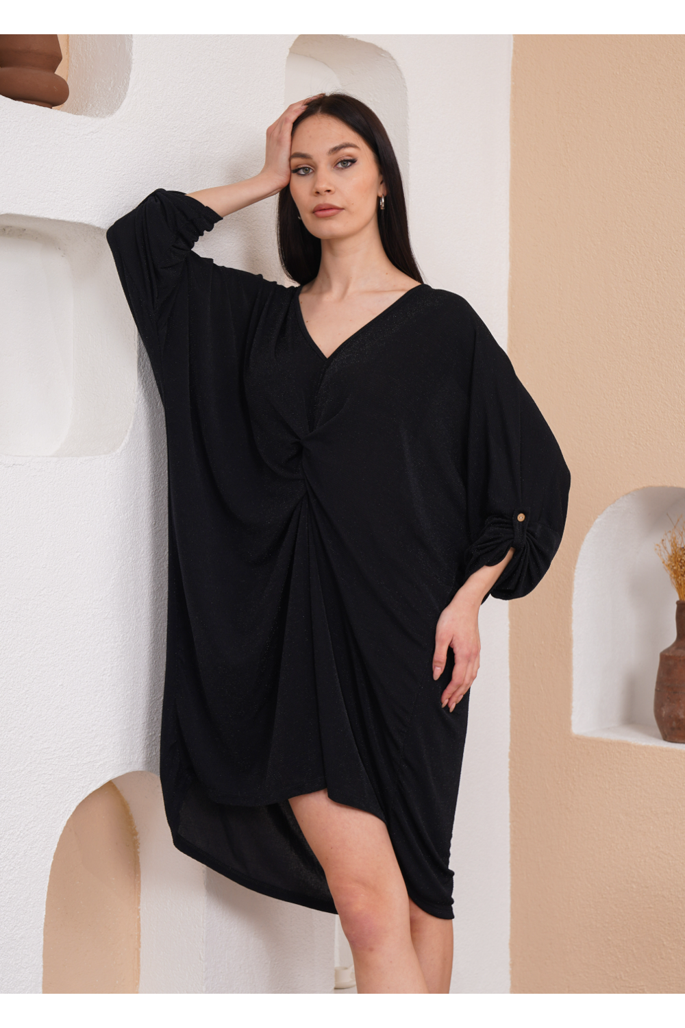 Oversized Twist Front Detailed Button Sleeve Mini Dress in Black Glitter