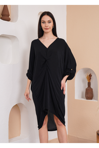 Oversized Twist Front Detailed Button Sleeve Mini Dress in Black Glitter