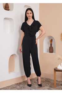 Oversized Short Sleeves Frilled Front Jumpsuit in Black