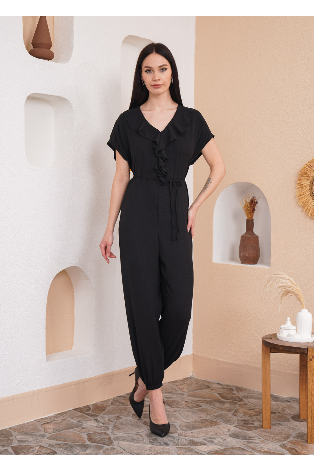 Oversized Short Sleeves Frilled Front Jumpsuit in Black