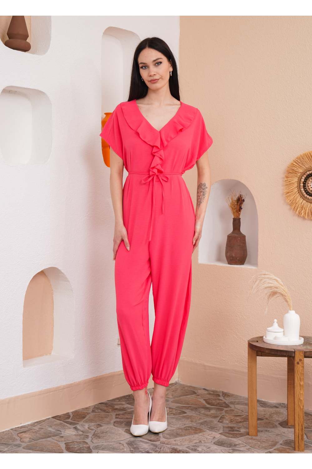 Oversized Short Sleeves Frilled Front Jumpsuit in Coral