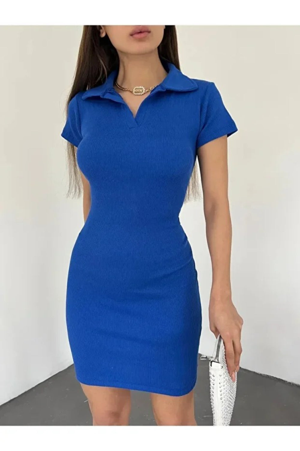 Fitted Polo Neck Short-Sleeve Dress