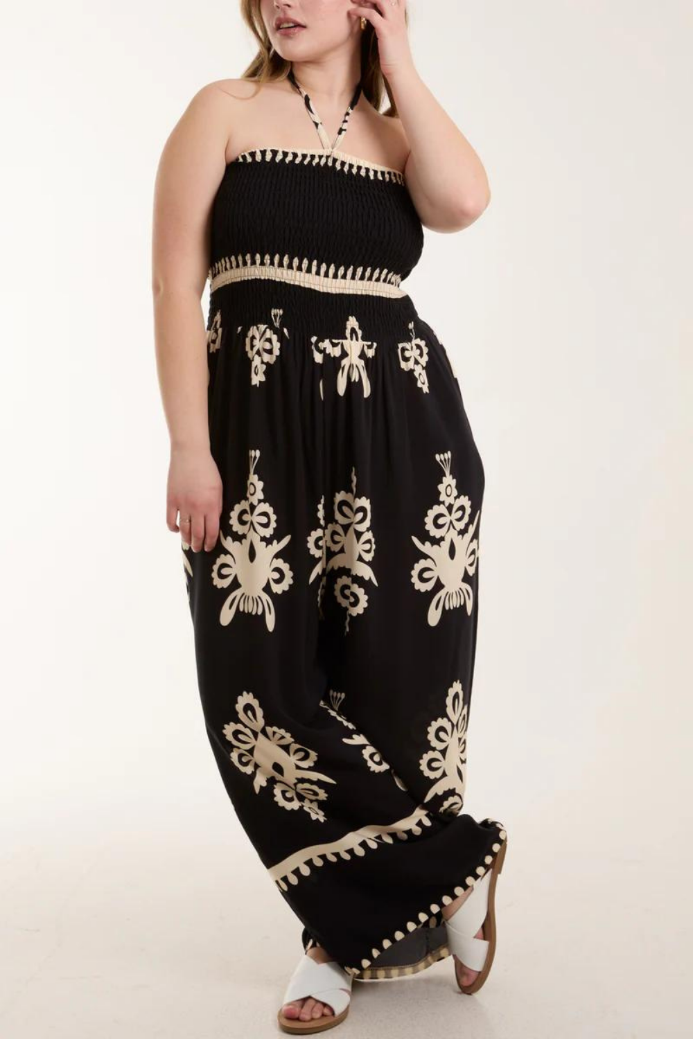 Oversized Tie Neck Printed Jumpsuit in Black and White