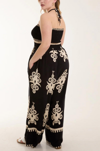 Oversized Tie Neck Printed Jumpsuit in Black and White