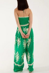 Oversized Tie Neck Printed Jumpsuit in Green and White