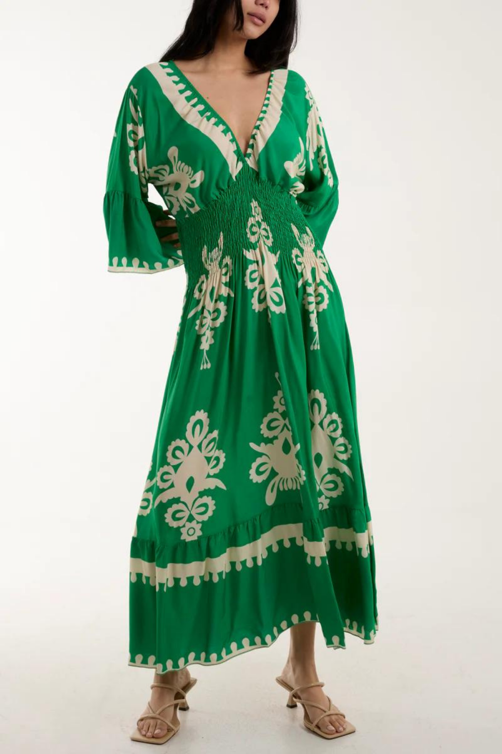 Relaxed Fit 3/4 Sleeves V Neck Printed Maxi Dress in Green
