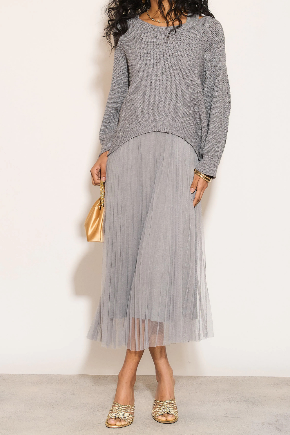 Layered Knit and Pleated Dress Set in Grey HOXTON GAL