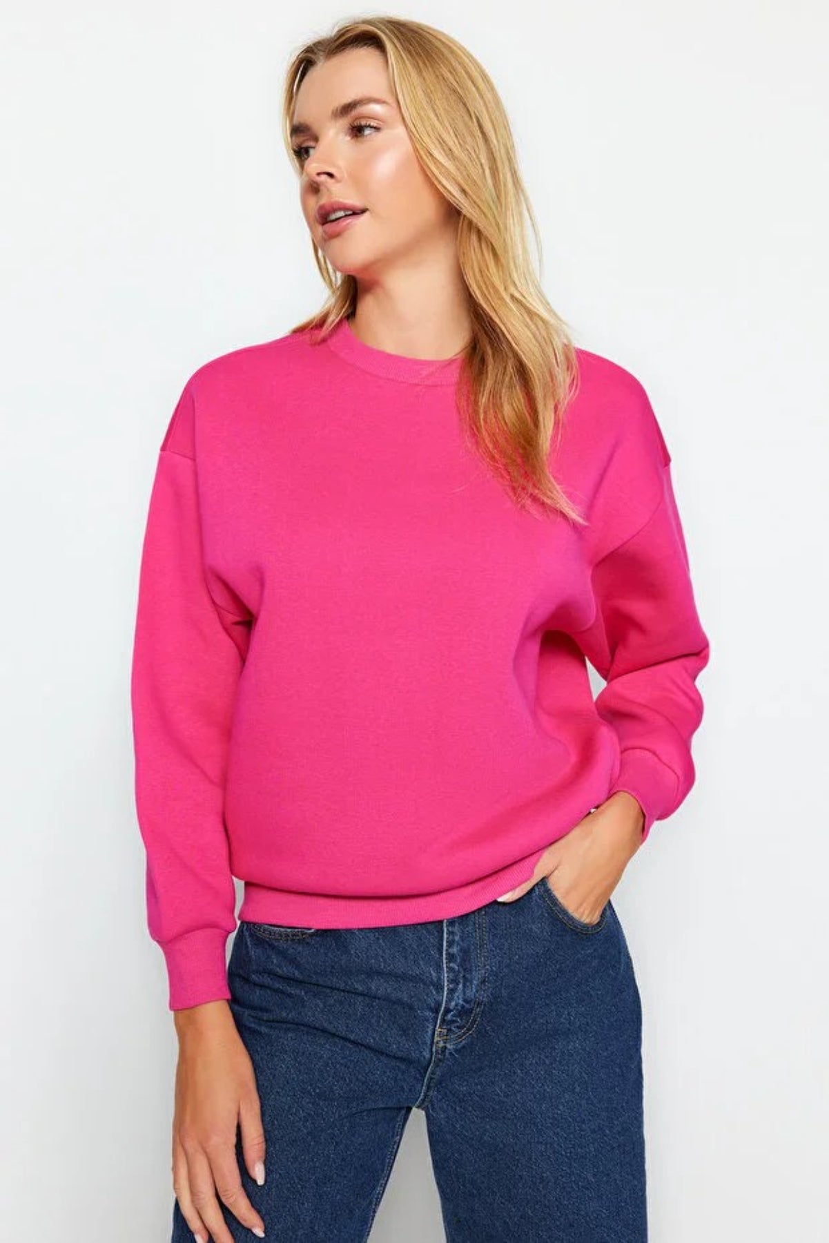 Thick Fleece-Lined Regular Fit Crew Neck Basic Knit Sweatshirt