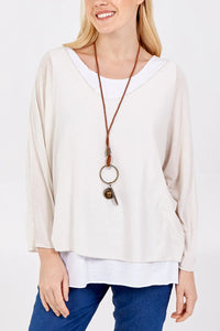 Oversized Long Sleeves Layered Blouse With Necklace In Beige And White