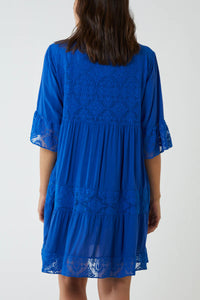 Oversized 3/4 Sleeves Lace Detailed V Neck Mini Dress in Royal Blue