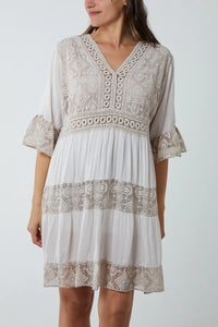 Oversized 3/4 Sleeves Lace Detailed V Neck Mini Dress in Beige