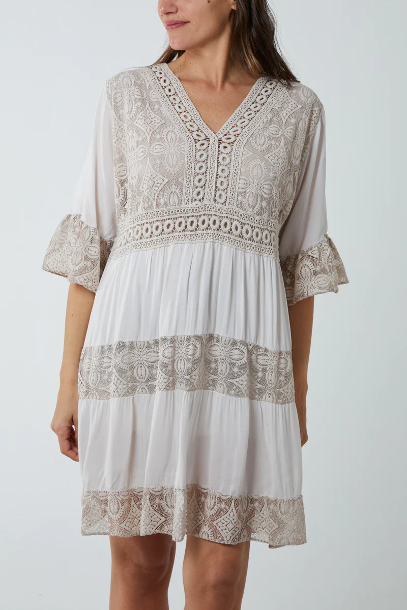 Oversized 3/4 Sleeves Lace Detailed V Neck Mini Dress in Beige