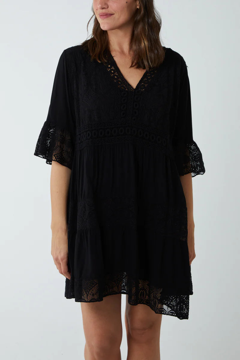 Oversized 3/4 Sleeves Lace Detailed V Neck Mini Dress in Black