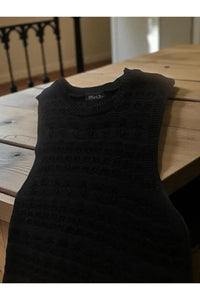 Black Crew Neck Openwork Sleeveless Knit Beach Dress with Relaxed Fit