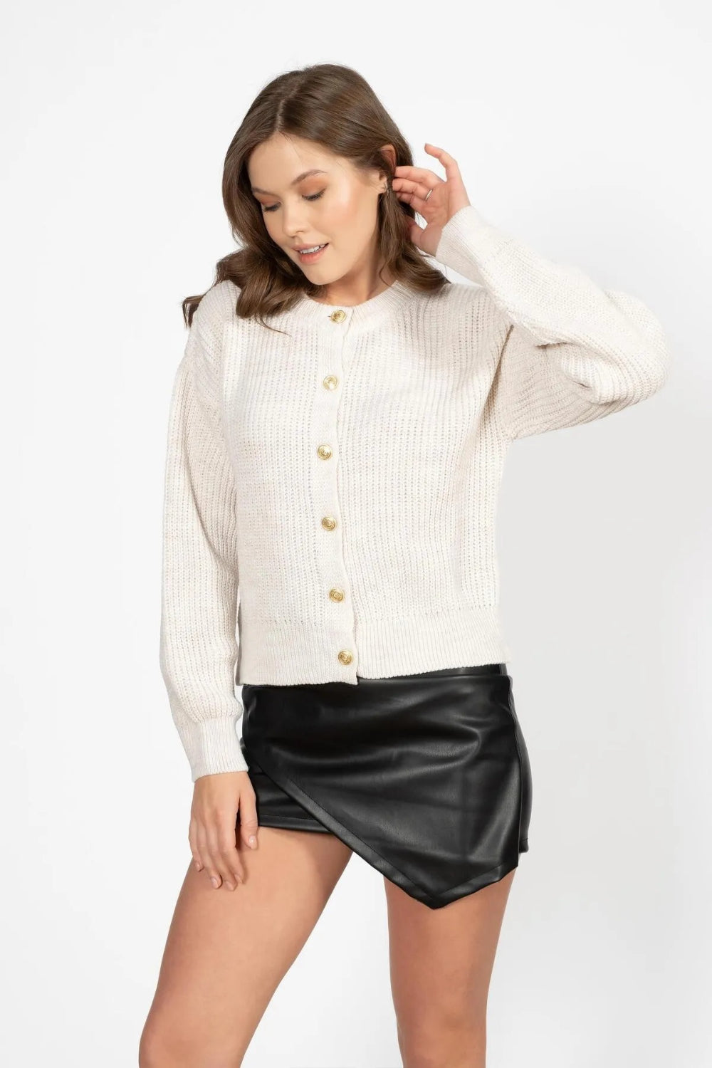 Beige Knit Cardigan with Gold Buttons
