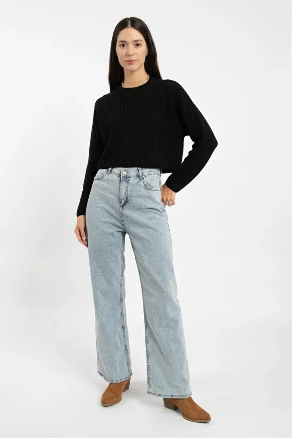 Black Cropped Relaxed-Fit Crew Neck Knit Sweater