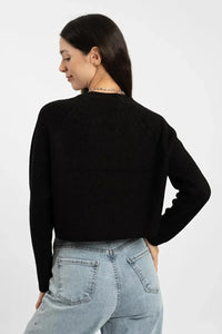 Black Cropped Relaxed-Fit Crew Neck Knit Sweater