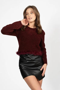 Burgundy Soft-Touch Crew Neck Knit Sweater with Fluffy Hem