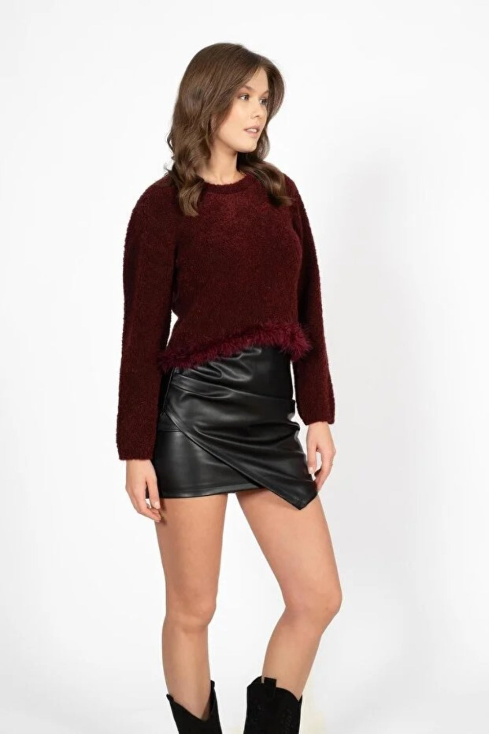 Burgundy Soft-Touch Crew Neck Knit Sweater with Fluffy Hem