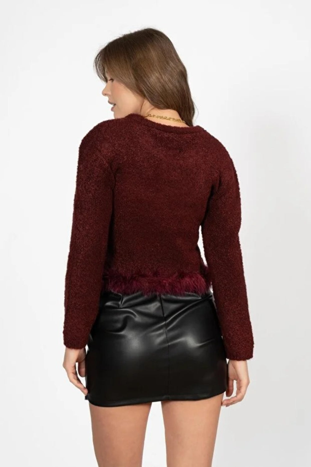 Burgundy Soft-Touch Crew Neck Knit Sweater with Fluffy Hem