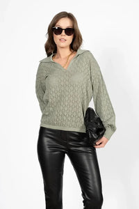 Lightweight Polo Neck Knit Sweater – Sage Green