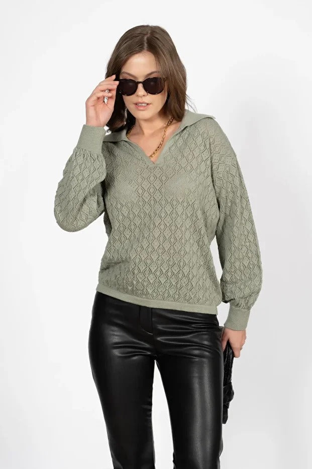 Lightweight Polo Neck Knit Sweater – Sage Green