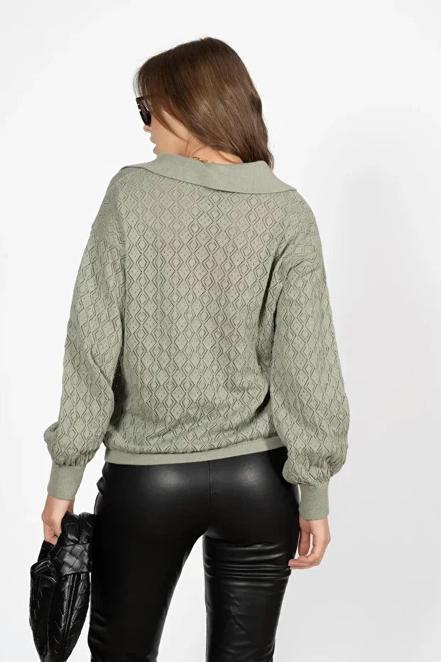 Lightweight Polo Neck Knit Sweater – Sage Green