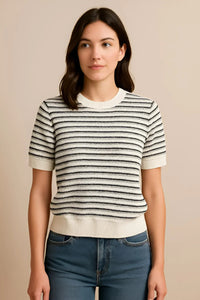 Stripe Ecru Short-Sleeve Knit Top with Crew Neck and Stripe Details