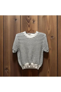 Stripe Ecru Short-Sleeve Knit Top with Crew Neck and Stripe Details