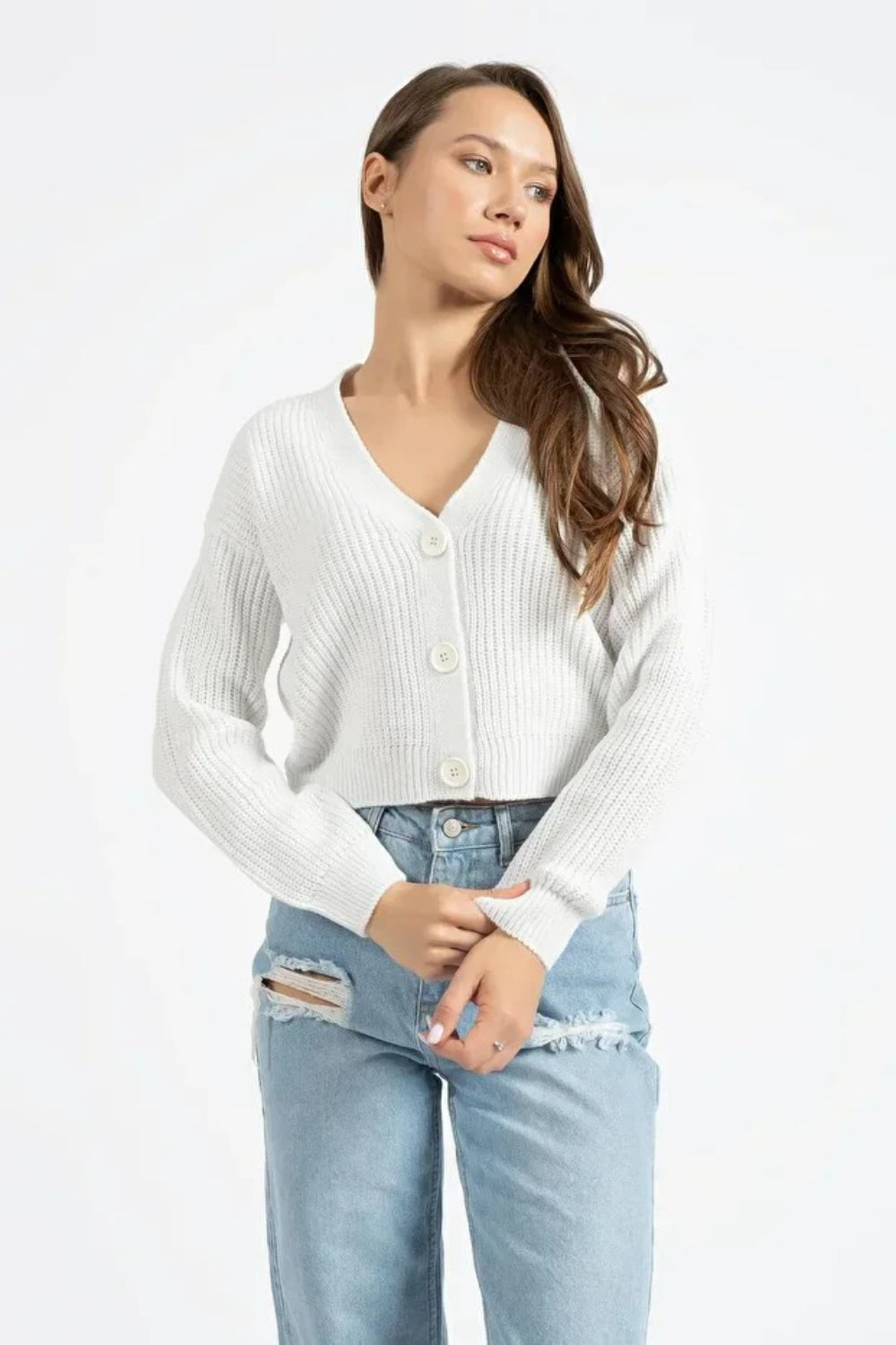 White Buttoned Knit Cardigan