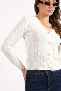 White Knit Cardigan with Woven Pattern