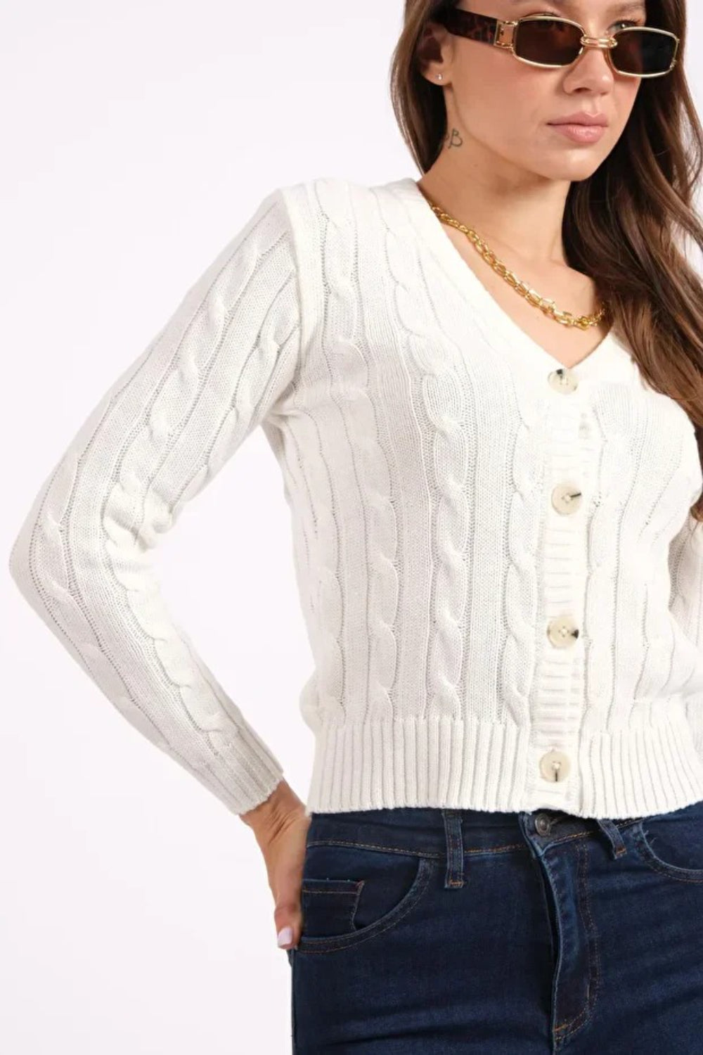 White Knit Cardigan with Woven Pattern
