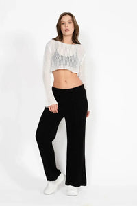 White Cropped Openwork Knit Top