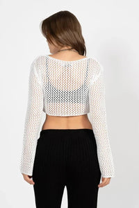 White Cropped Openwork Knit Top