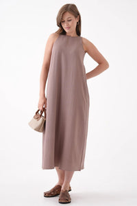 Beige Sleeveless Dress with Round Neck and Front Pocket