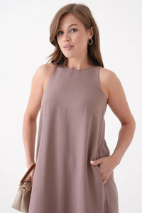 Beige Sleeveless Dress with Round Neck and Front Pocket