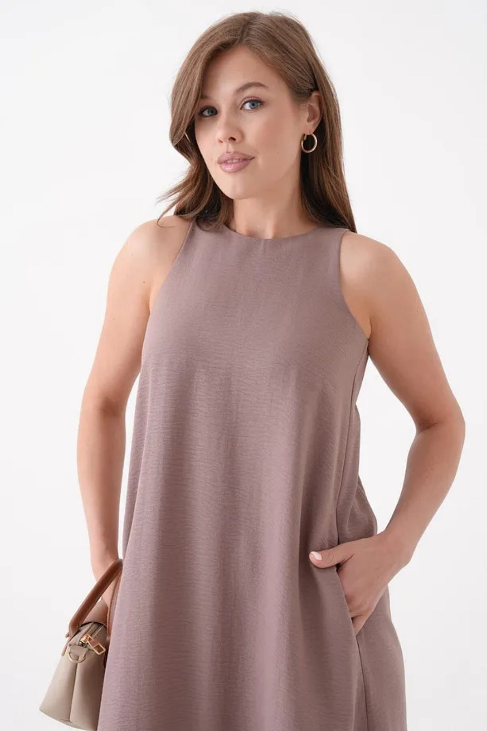 Beige Sleeveless Dress with Round Neck and Front Pocket