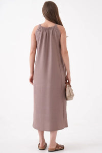 Beige Sleeveless Dress with Round Neck and Front Pocket