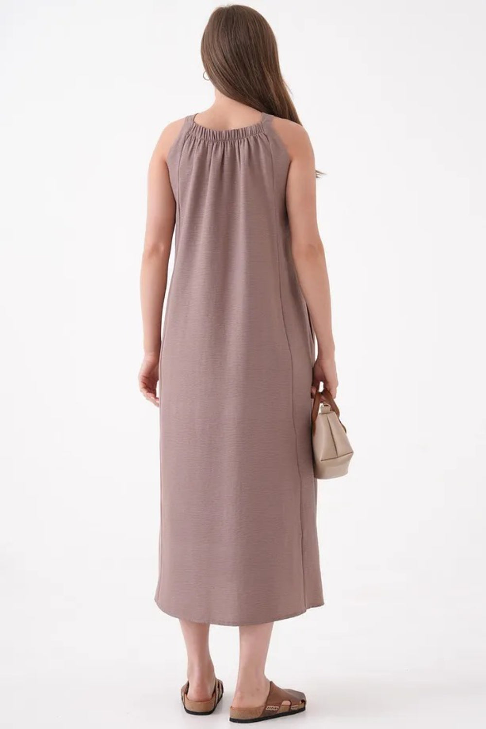Beige Sleeveless Dress with Round Neck and Front Pocket