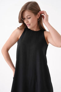 Black Sleeveless Dress with Round Neck and Front Pocket