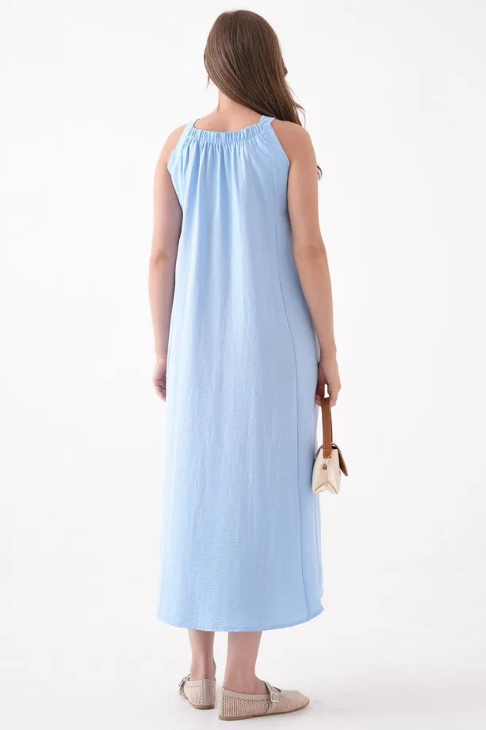 Blue Sleeveless Dress with Round Neck and Front Pocket