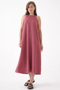 Pink Sleeveless Dress with Round Neck and Front Pocket
