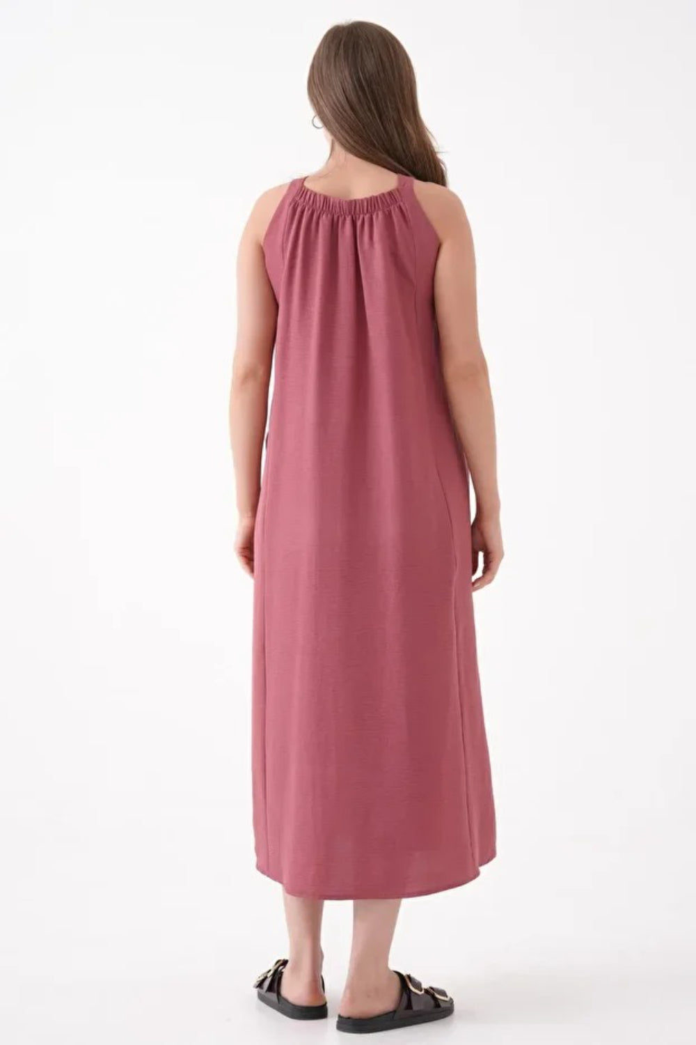 Pink Sleeveless Dress with Round Neck and Front Pocket