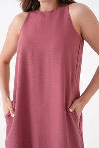 Pink Sleeveless Dress with Round Neck and Front Pocket