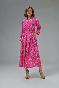 Plain Pink Shirt Collar Dress with Pocket Detail