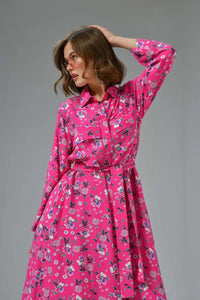 Plain Pink Shirt Collar Dress with Pocket Detail