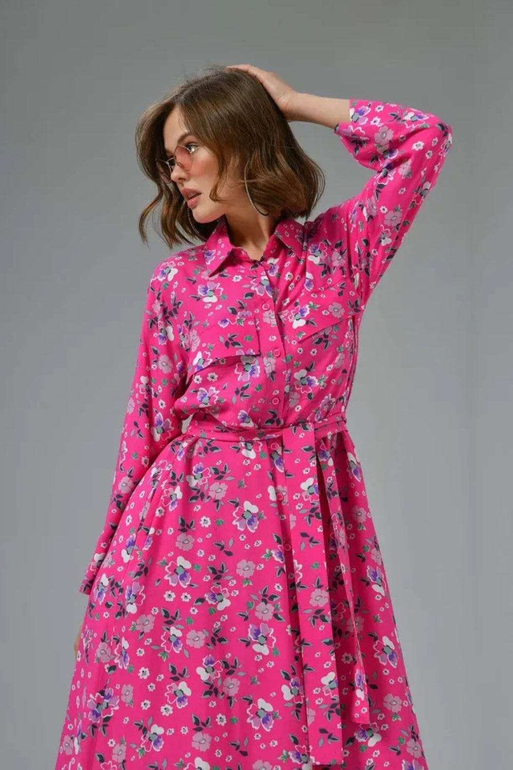 Plain Pink Shirt Collar Dress with Pocket Detail