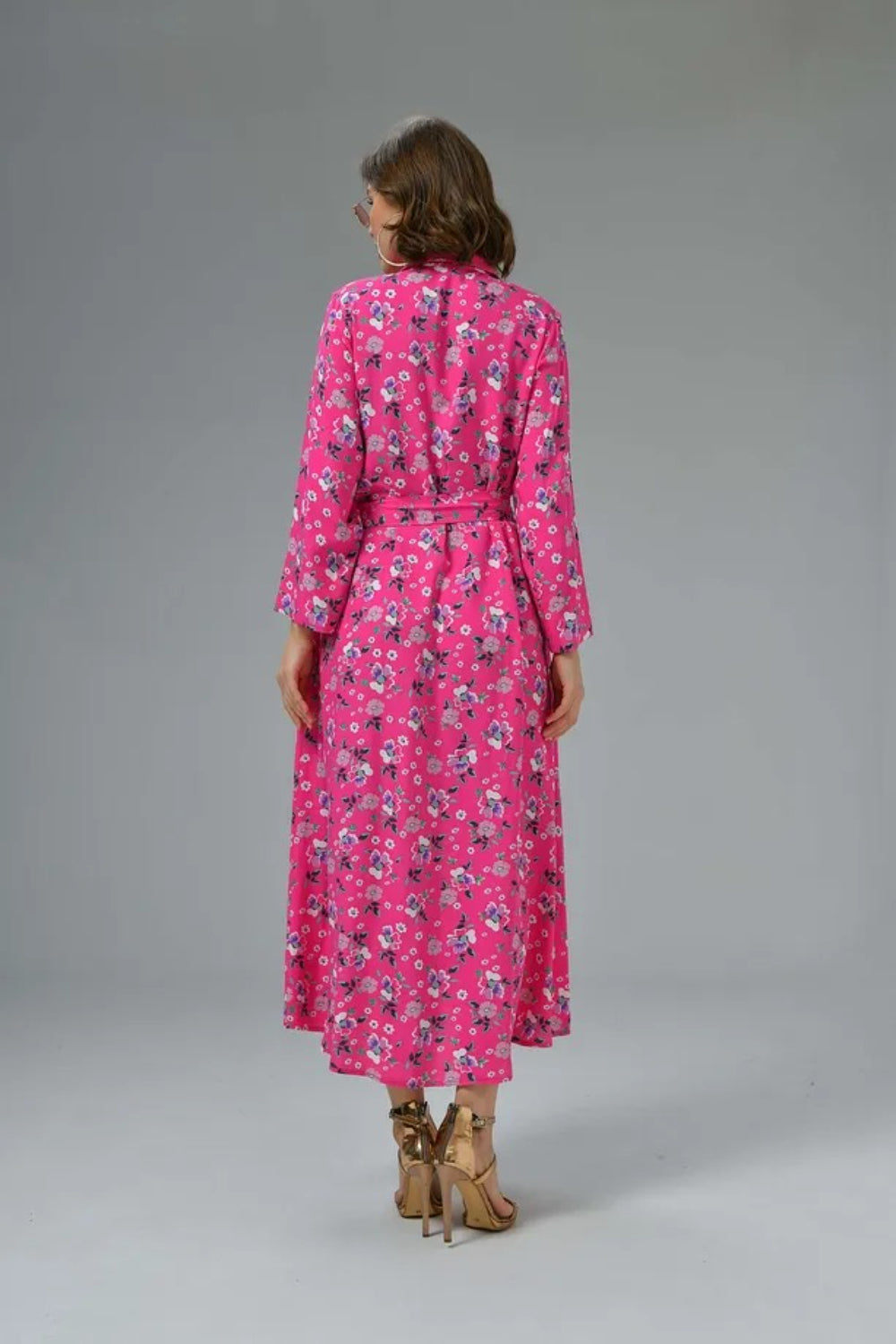 Plain Pink Shirt Collar Dress with Pocket Detail